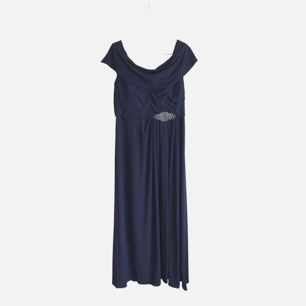 Alex Evenings Celeste Cowl Neck Gown Jersey Knit Embellished Blue Size 14 Petite - Picture 2 of 8